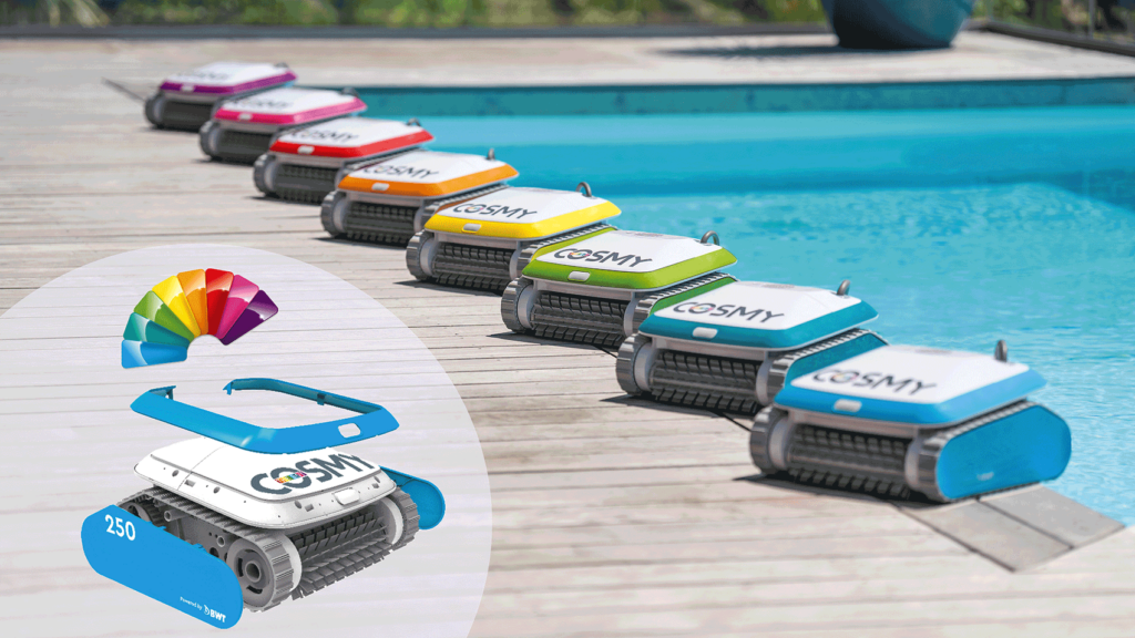 Acht Poolroboter in unterschiedlichen Farben stehen hintereinander in einer Reihe am Rand eines Pools.