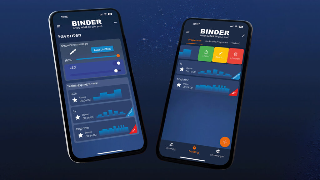 Ansicht zweier Handys, die die BINDER24-App geöffnet haben.Eines zeigt die Programme, das andere die Favoriten.