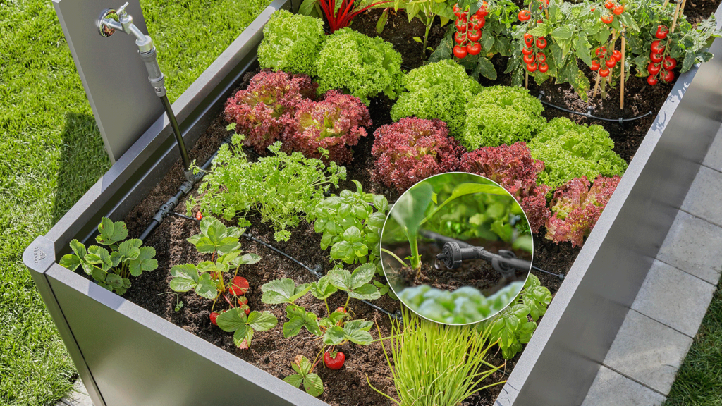 Mit Gemüse bepflanztes Hochbeet, das mit dem GARDENA Micro Drip Tropfbewässerungssystems mit Wasser versorgt wird. Die Bewässerungsschläuche sind zwischen den einzelnen Pflanzen gut zu sehen.