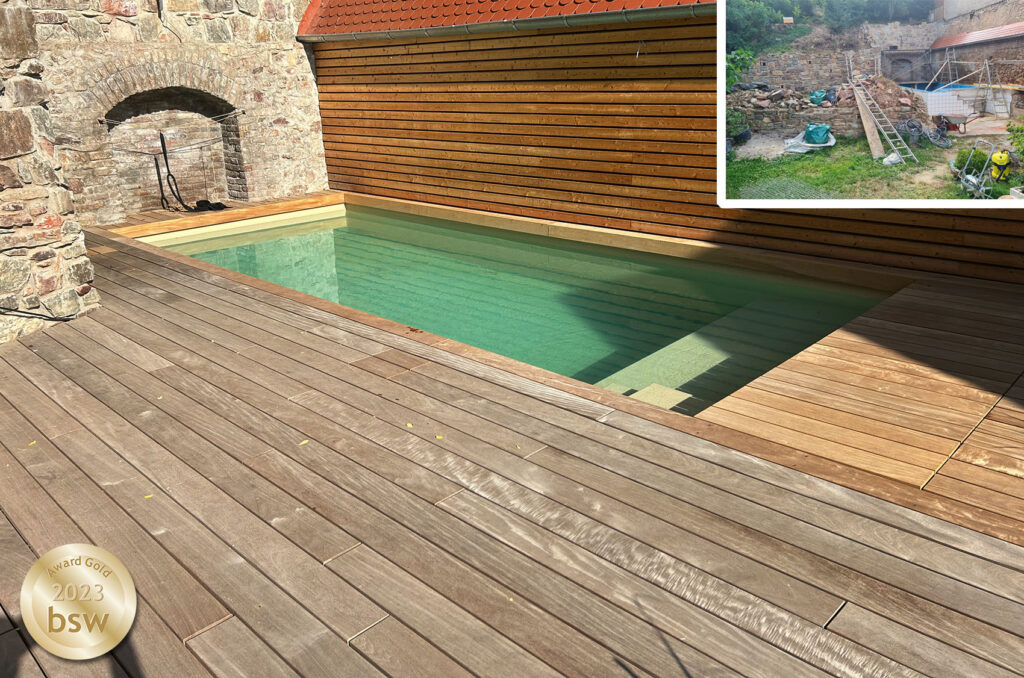 Poolsanierung: aus Stein und Schutt wird ein schlichter Pool mit Holzterrasse