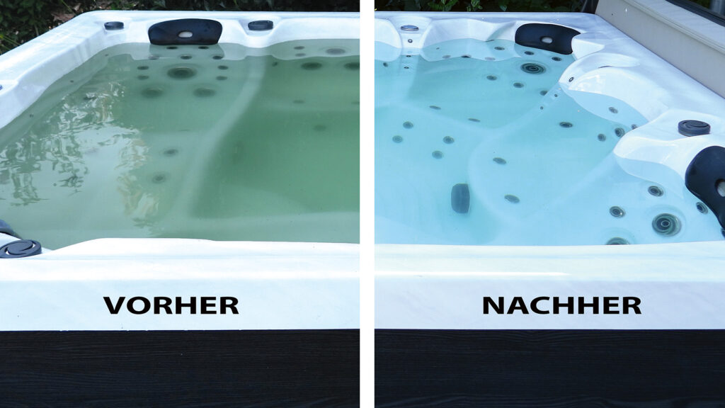 Closeup auf einen Whirlpool, seknrecht ist das Bild geteilt in vorher (links) und nachher (rechts). Auf der Vorher-Seite ist das Wasser grünlich schmutzig, auf der Nachher-Seite klar und einladend.