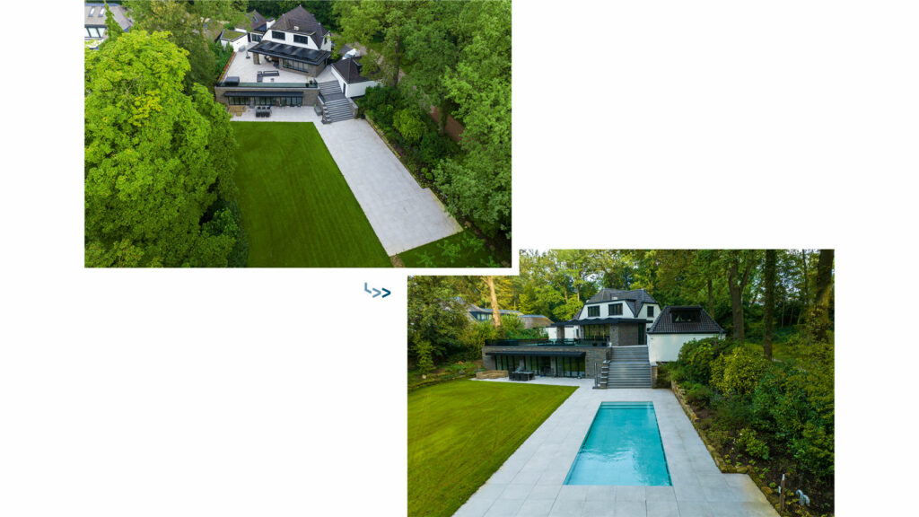 Vorher-Nachher-Bilder eines Pools mit beweglichem Boden, einmal Terrasse, einmal Pool.