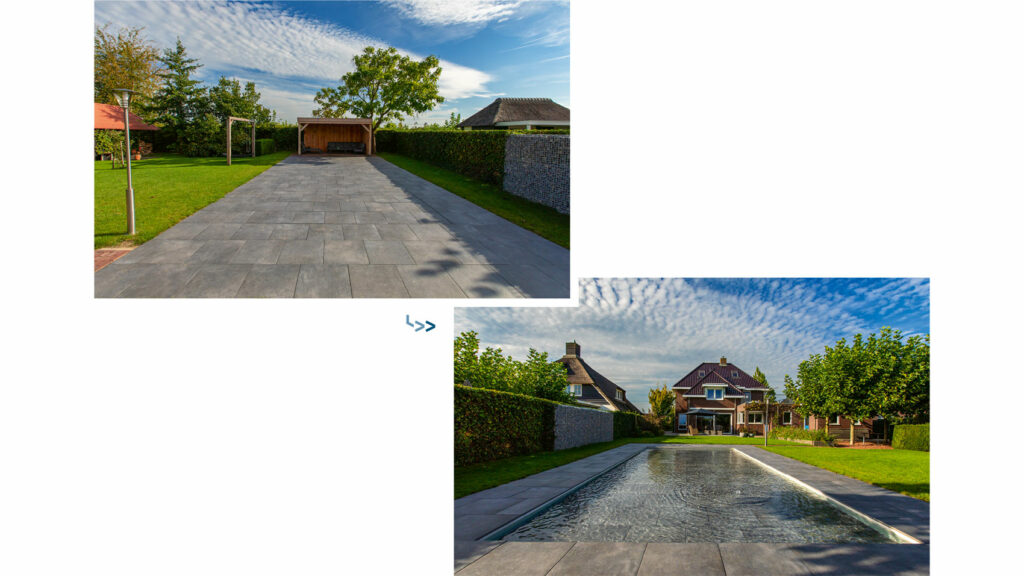Vorher-Nachher-Bilder eines Pools mit beweglichem Boden, einmal Terrasse, einmal Pool.