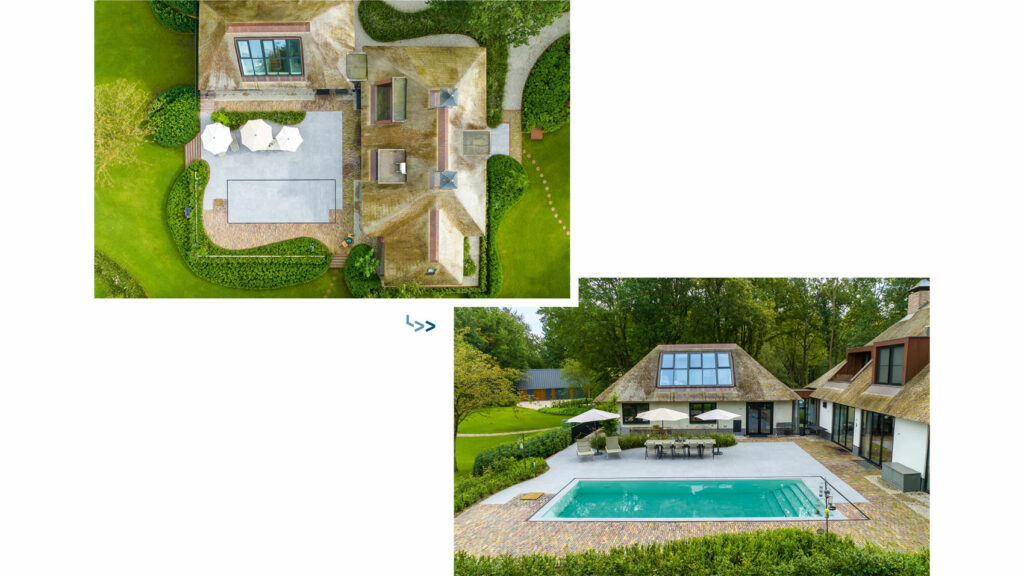 Vorher-Nachher-Bilder eines Pools mit beweglichem Boden, einmal Terrasse, einmal Pool.