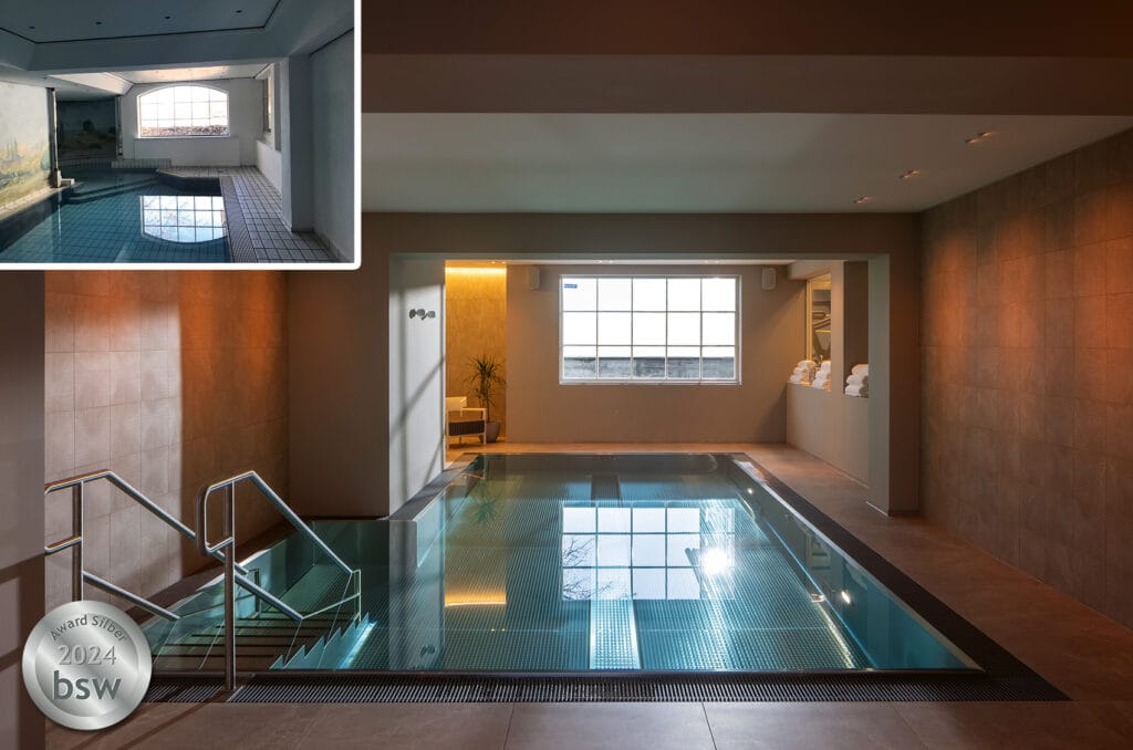 Schwimmhalle mit Edelstahltreppe und Edelstahlbecken